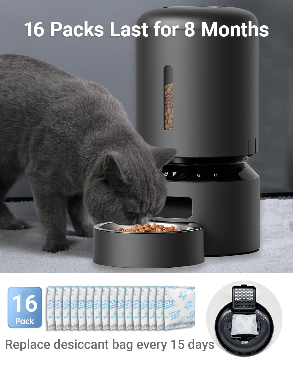 16 paquetes de bolsas desecantes de alimentos para mascotas compatibles con el comedero automático PETLIBRO/PETKIT para gatos, paquetes desecantes de repuesto con indicación de color para alimentador