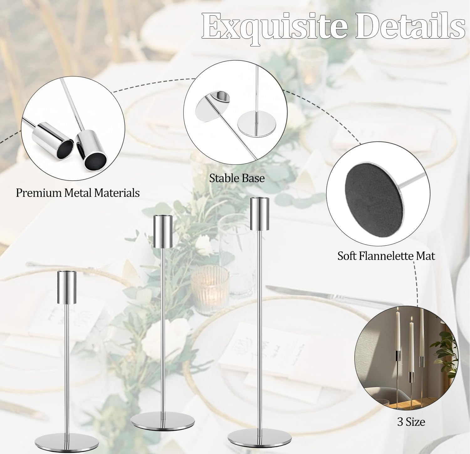 Set of 12 Silver Taper Candle Holders, Tall Candle Holder, Metal Silver Candlestick Holders, Fits 3/4 inch Thick Candle&Led Candles, for Table Centerpiece, Wedding, Dinning, Party Home Decor