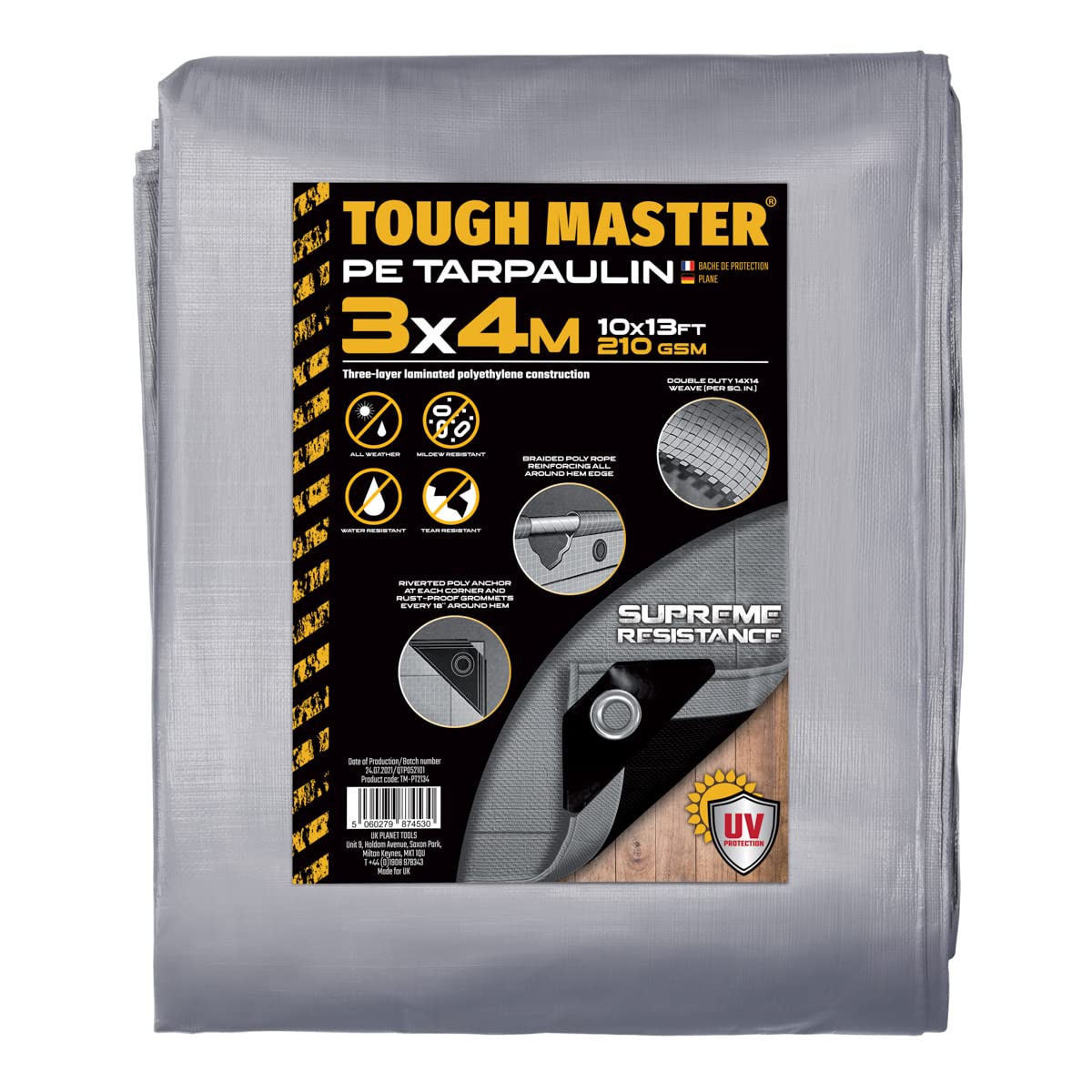 210 GSM Durable Reinforced Tarpaulin 3x4 m Brass Grommets Grey/Black Tarp Lux