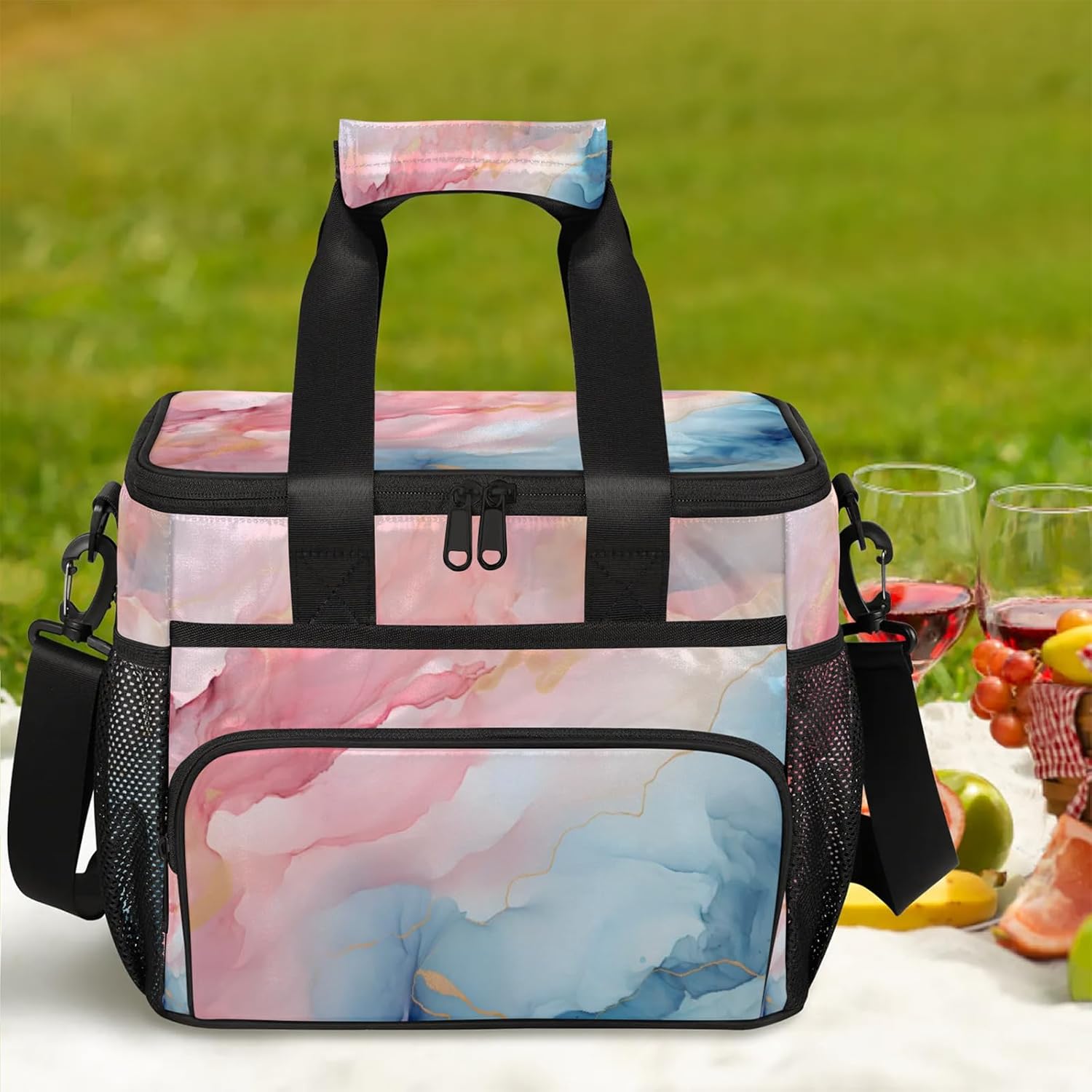 Liquid Texture Pink Blue Insulated Picnic Backpack Lunch Box for Women Men Picnic Basket Tote Lunch Bag Picnic Bag Portable Lunch Bags for Picnic, Beach, Work, Trip,Office, Camp