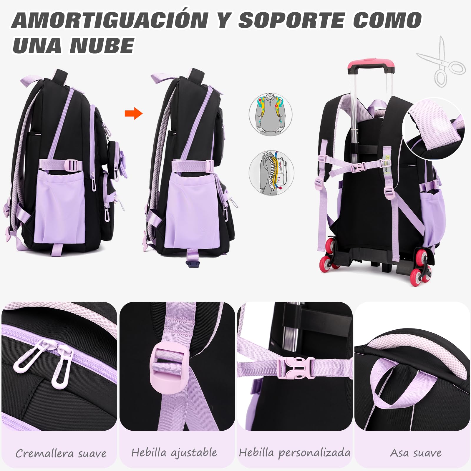 FANDARE 35L Mochila con Ruedas 2 en 1 Mochila Carrito Universitaria Compartimento Ordenador 15.6 Pulgadas Ruedas Tejido Oxford Impermeable Ideal para Colegio Viaje Blanco