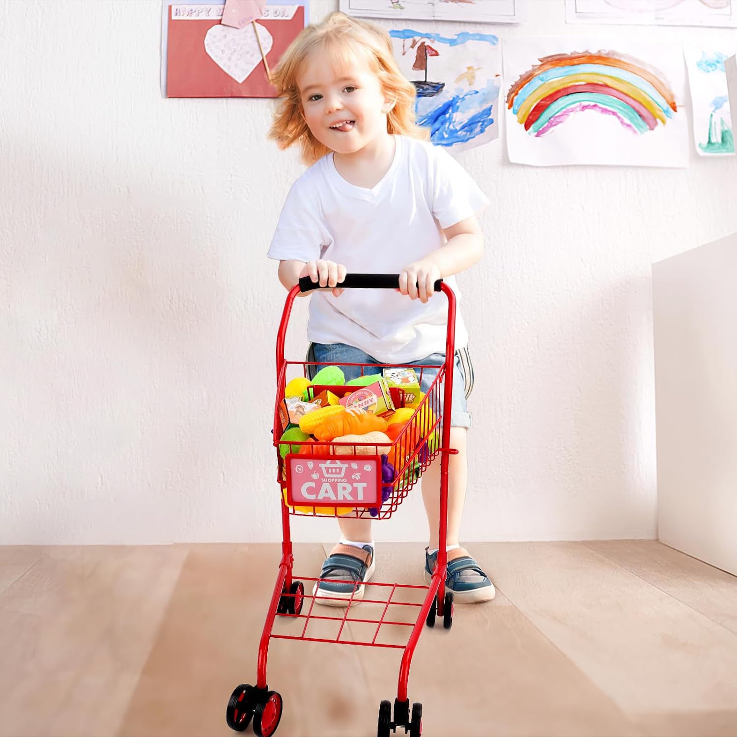 deAO Shopping Cart for Kids,Metal Toy Shopping Cart for Toddlers 46 PCS Food Fruit Vegetables Pretend Play Food Role Play,Educational Toy Play Kitchen Toys for Boys Girls Kids