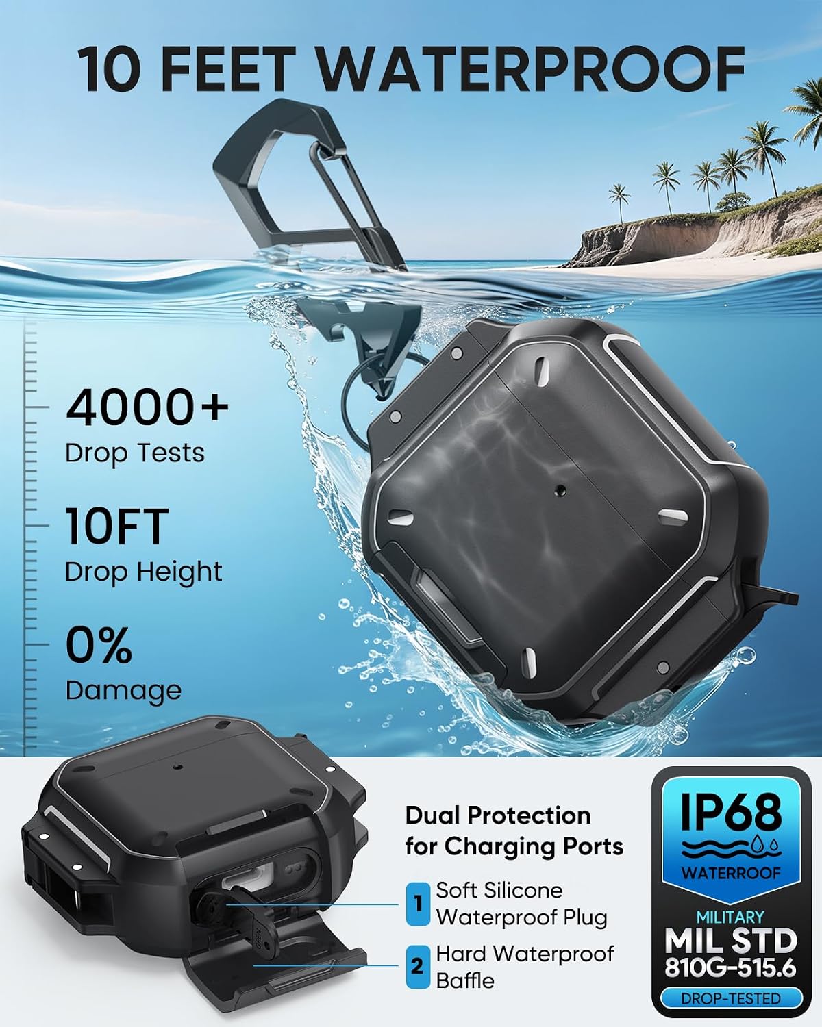 MoKo for AirPods 4th Case with Lock - IP68 Waterproof & Military-Grade Protection, Drop-Proof Hard Shell Protective Earpods 4 Cover with Keychain, Cleaner Kit & Phone Stand, Black