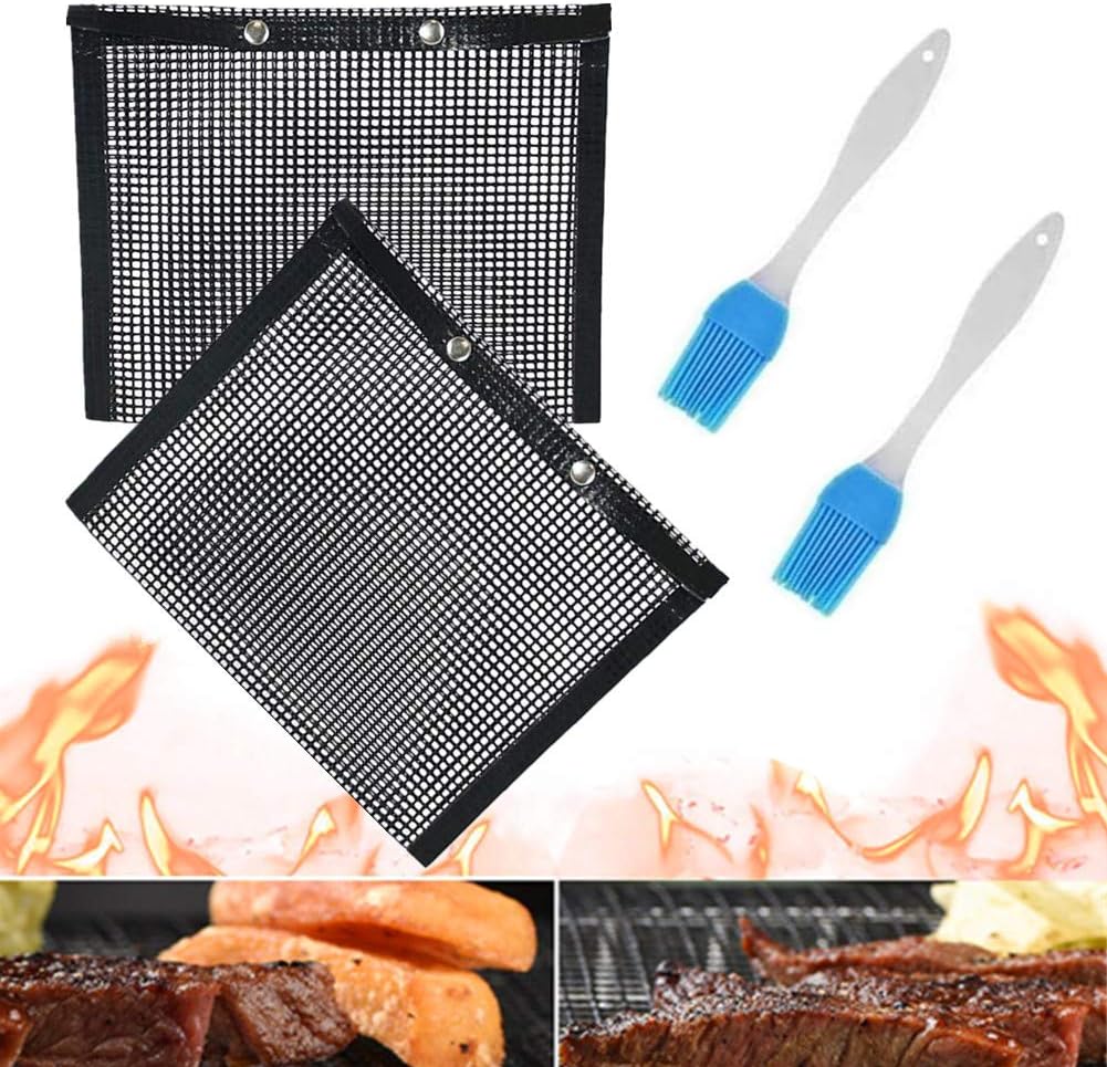 BBQ Grill Mesh Bag,Non-Stick Barbecue Grilling Mesh Mat Copper BBQ Baked Reusable and Easy to Clean for Gas Grill with Free Oil Brush