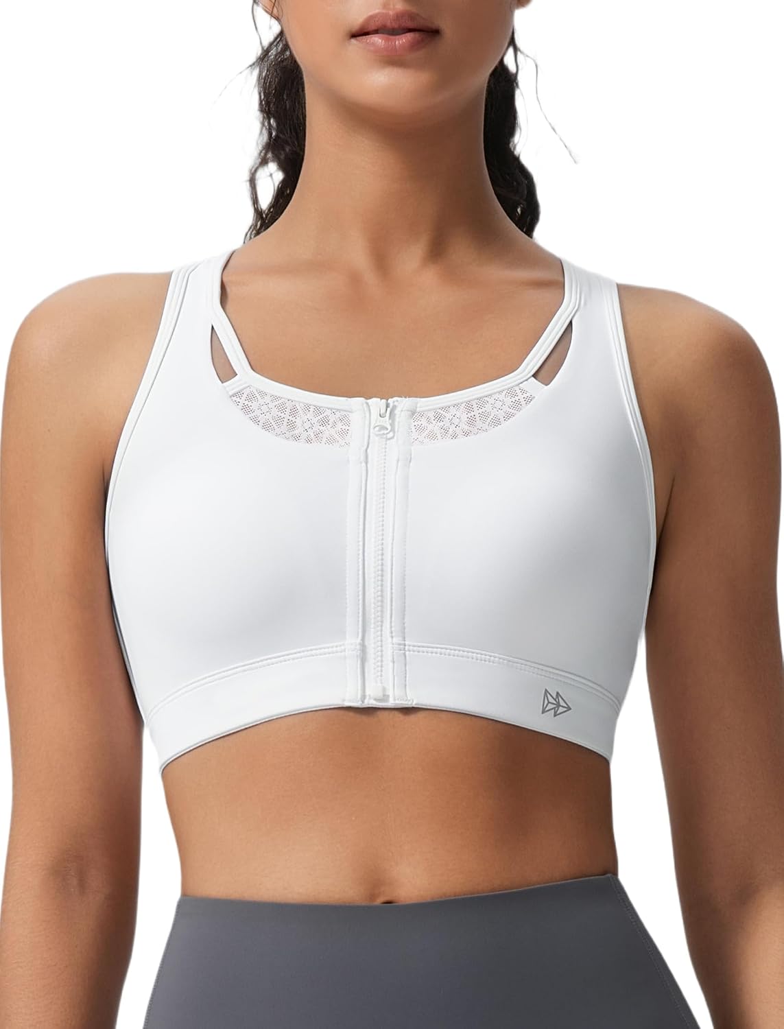 Yvette Zip Front High Impact Sports Bras for Women Lace Mesh Supportive Bras for Workout