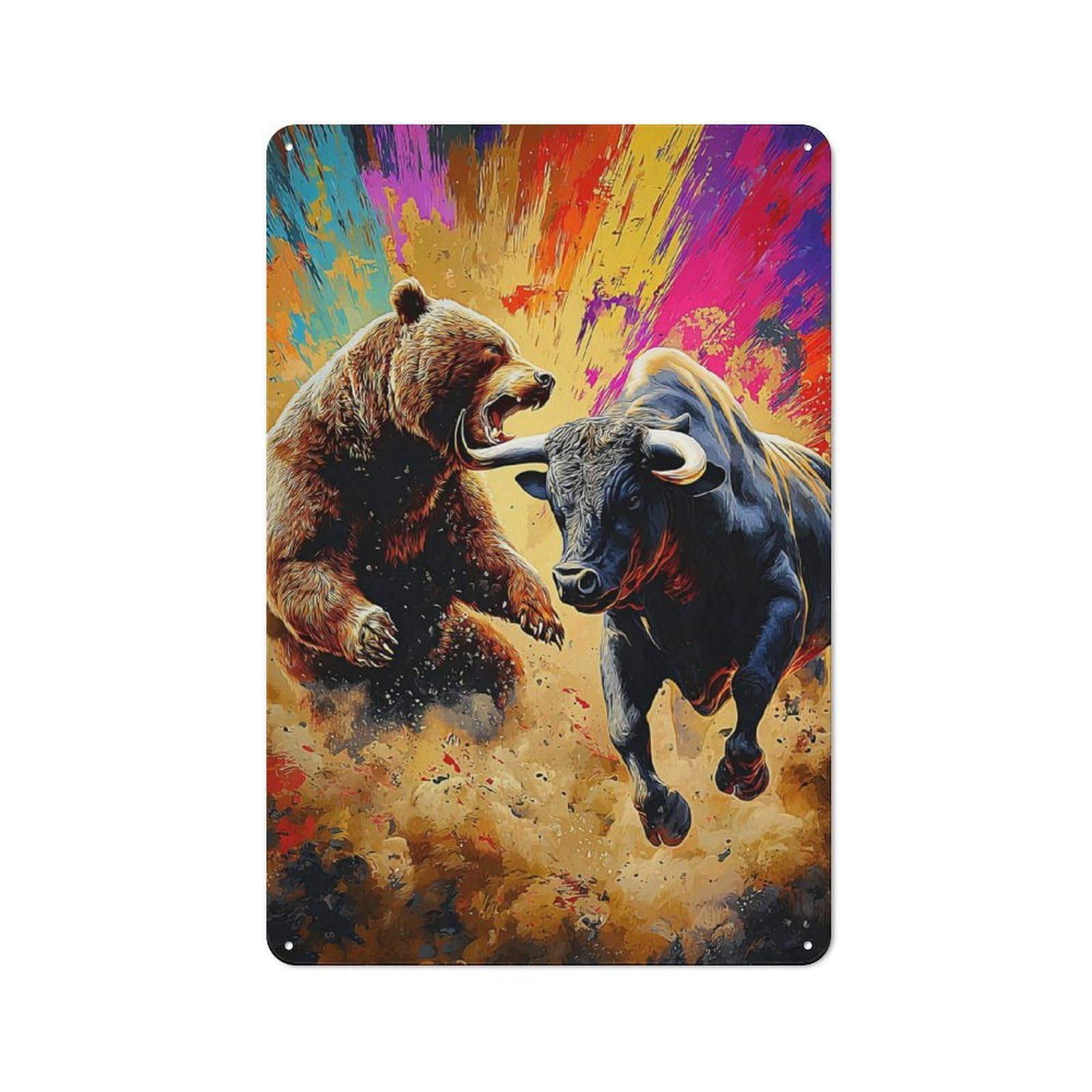 Junmoney Battle Of The Titans Bear Vs. Bull Modern Retro Metal Wall Decor 30X20cm, Metal Wall Sign For Loft, Studio, Office Or Creative Room