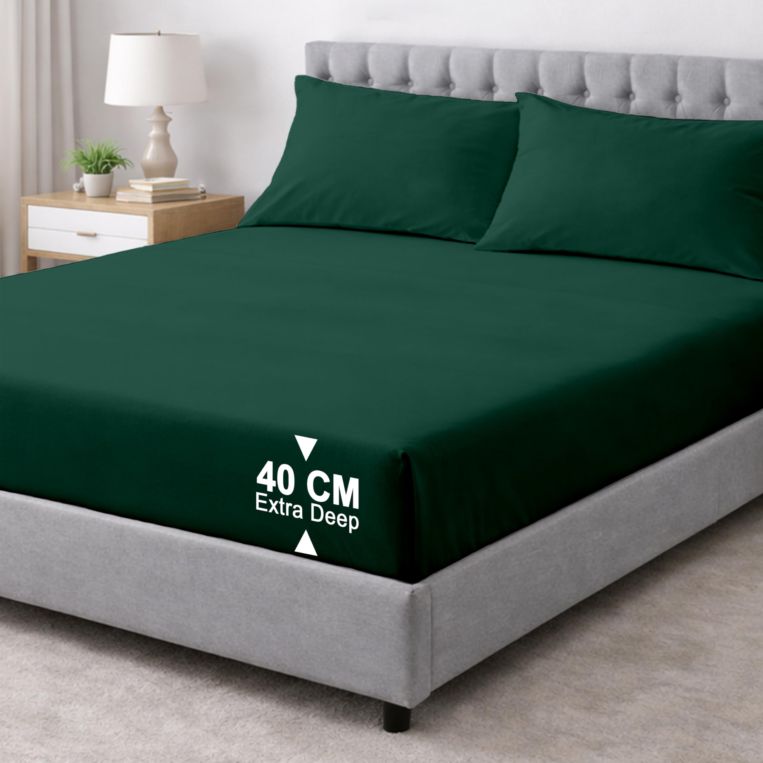 Rohi Green Deep Double Fitted Sheet with Pillowcases | 16”/40cm Deep Pocket Percale Cotton Blend Bed Sheets | Breathable Extra Soft & Comfortable Fitted Sheet (140×190cm)