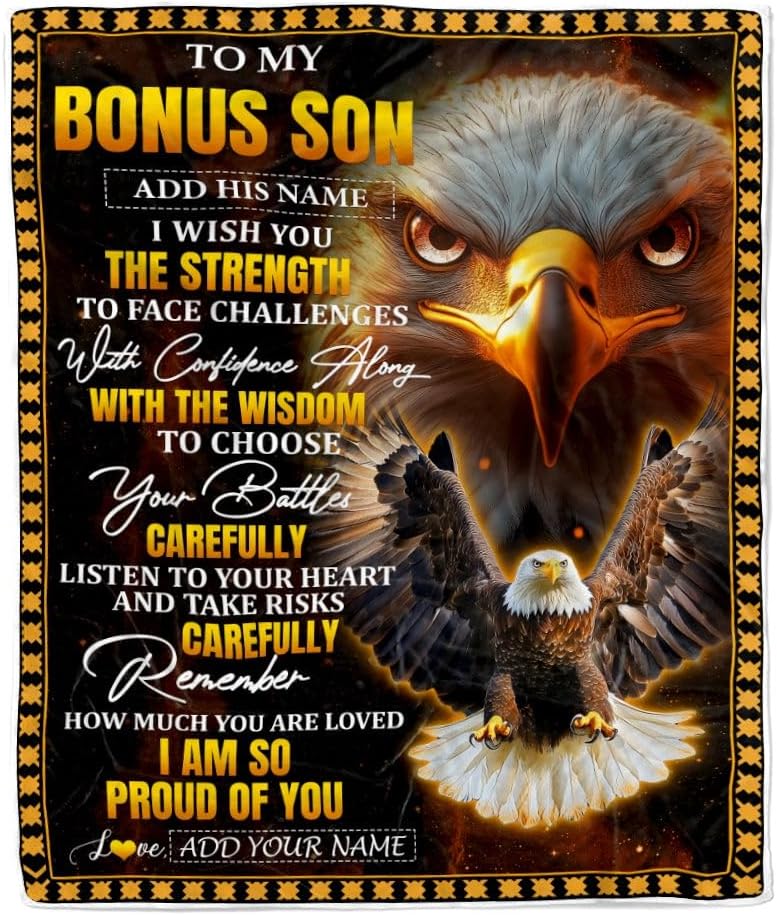 Personalized to My Bonus Son Gifts Blanket from Stepmom Stepdad I Wish You The Strength Eagle Stepson Birthday Gifts Christmas Graduation Fleece Blanket (60 x 80 in Adult Size)