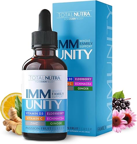 Total Immune 6 en 1 Suplemento Multivitamínico Líquido | 100% Zinc Diario, Vitamina D3, Gotas de Inmunidad de Vitamina C Líquidas | Apoyo de Saúco,