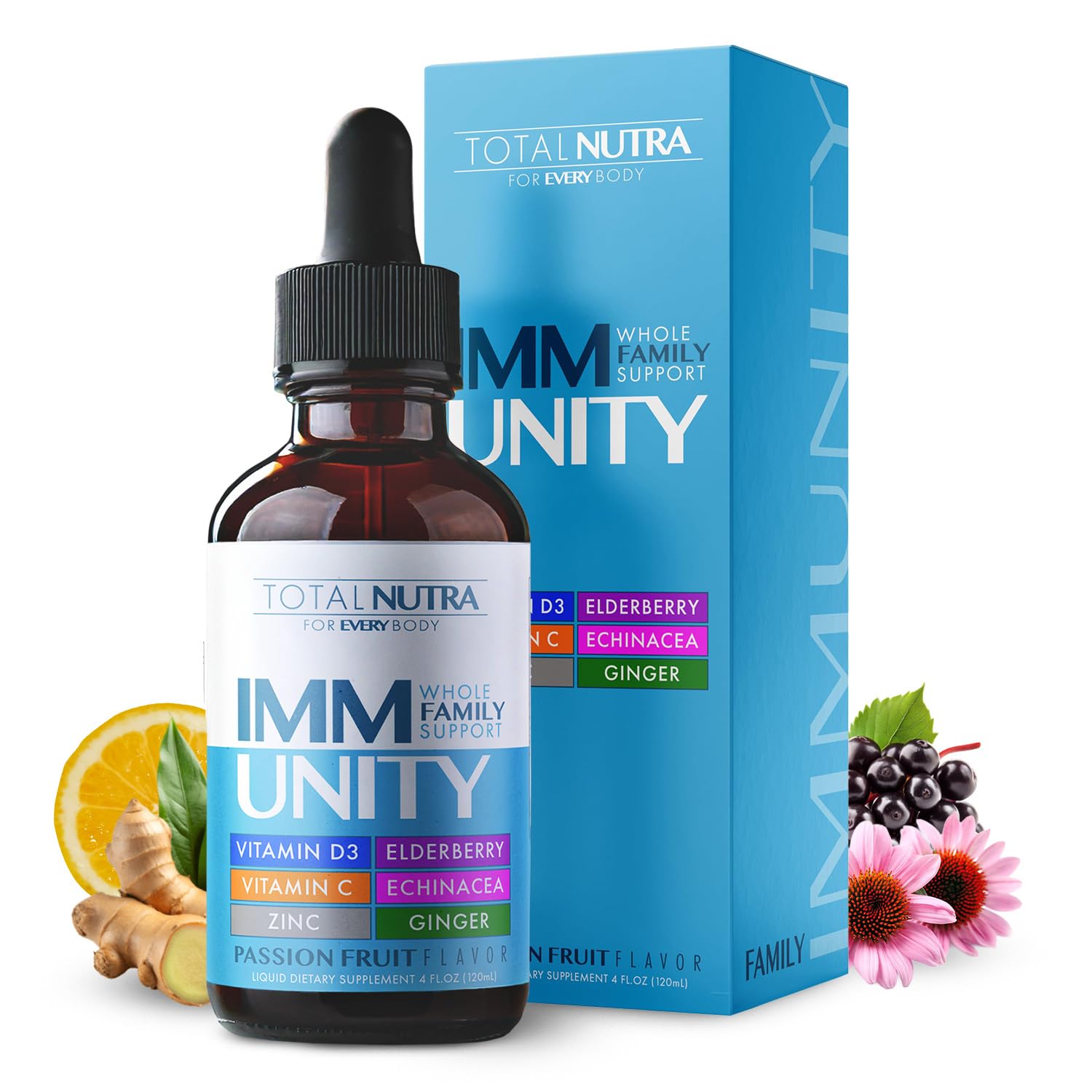 Total Immune 6-in-1 Liquid Multivitamin Supplement | 100% Daily Zinc, Vitamin D3 and Vitamin C Immunity Drops | Elderberry, Echinacea & Ginger Defense Support for Adults & Kids | 4 oz Passion Fruit