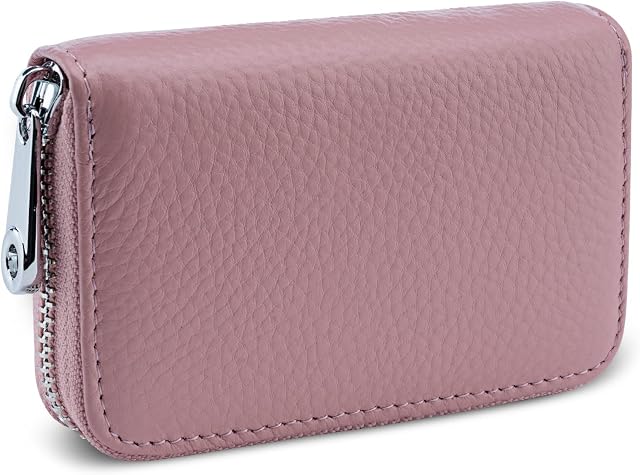 Meowoo Credit Card Holder RFID Blocking Genuine Leather Mini Credit Card Wallet Purse with Zipper for Women Men (Pink)