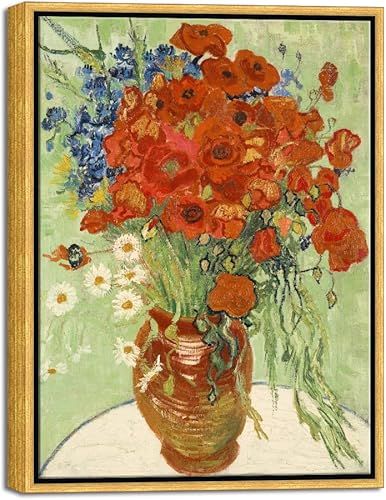 Wieco Art Arte de pared enmarcado de amapolas rojas y margaritas por Vincent Van Gogh, pinturas de reproducción de pinturas abstractas en lienzo