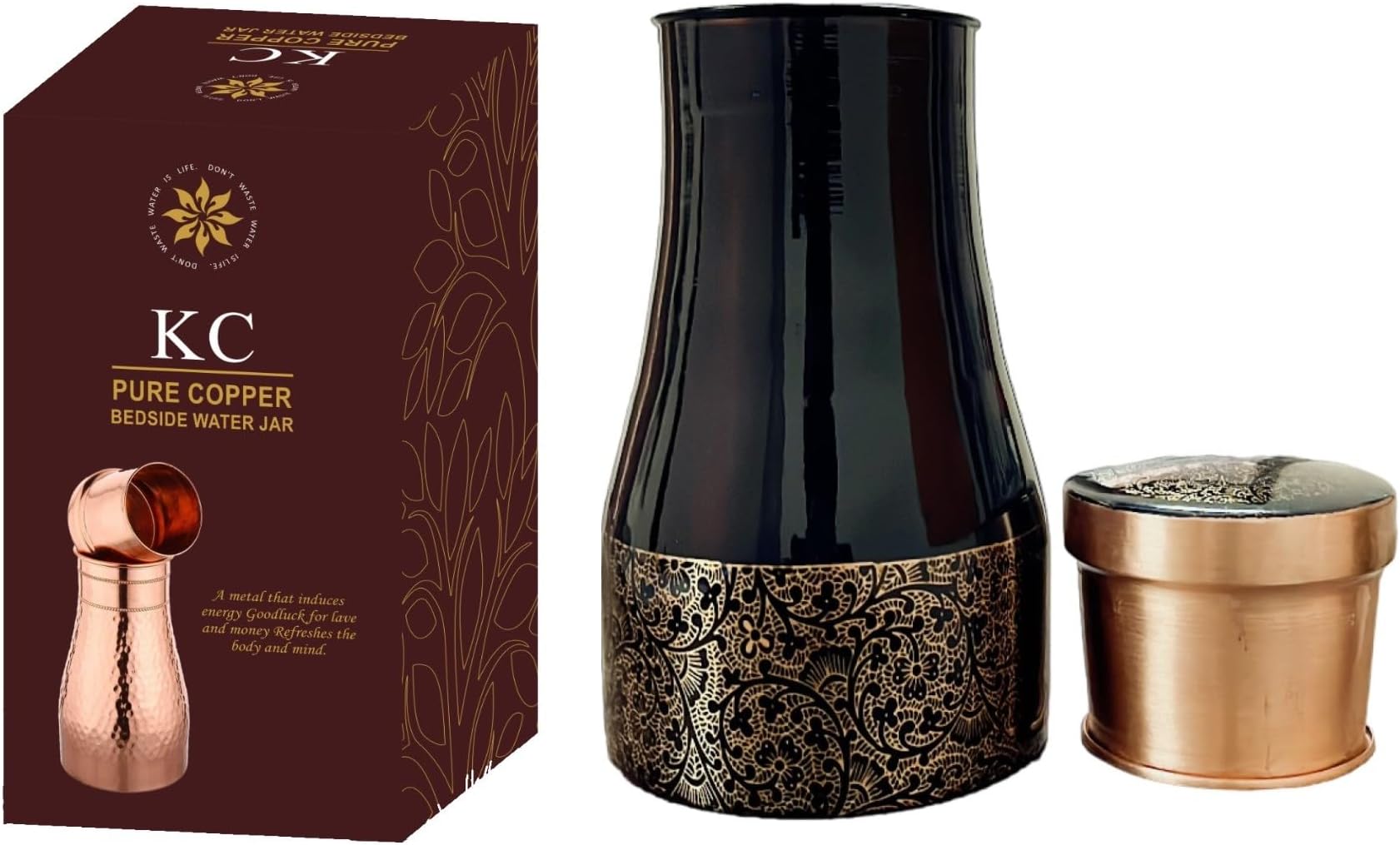 KC Pure Copper Designer Copper Water Bottle | Pitchers | Water Jug | Bedroom Jar | Bedside Bottle Carafes with Tumbler/Glass with Lid | with Etching Print Design 1250 ML
