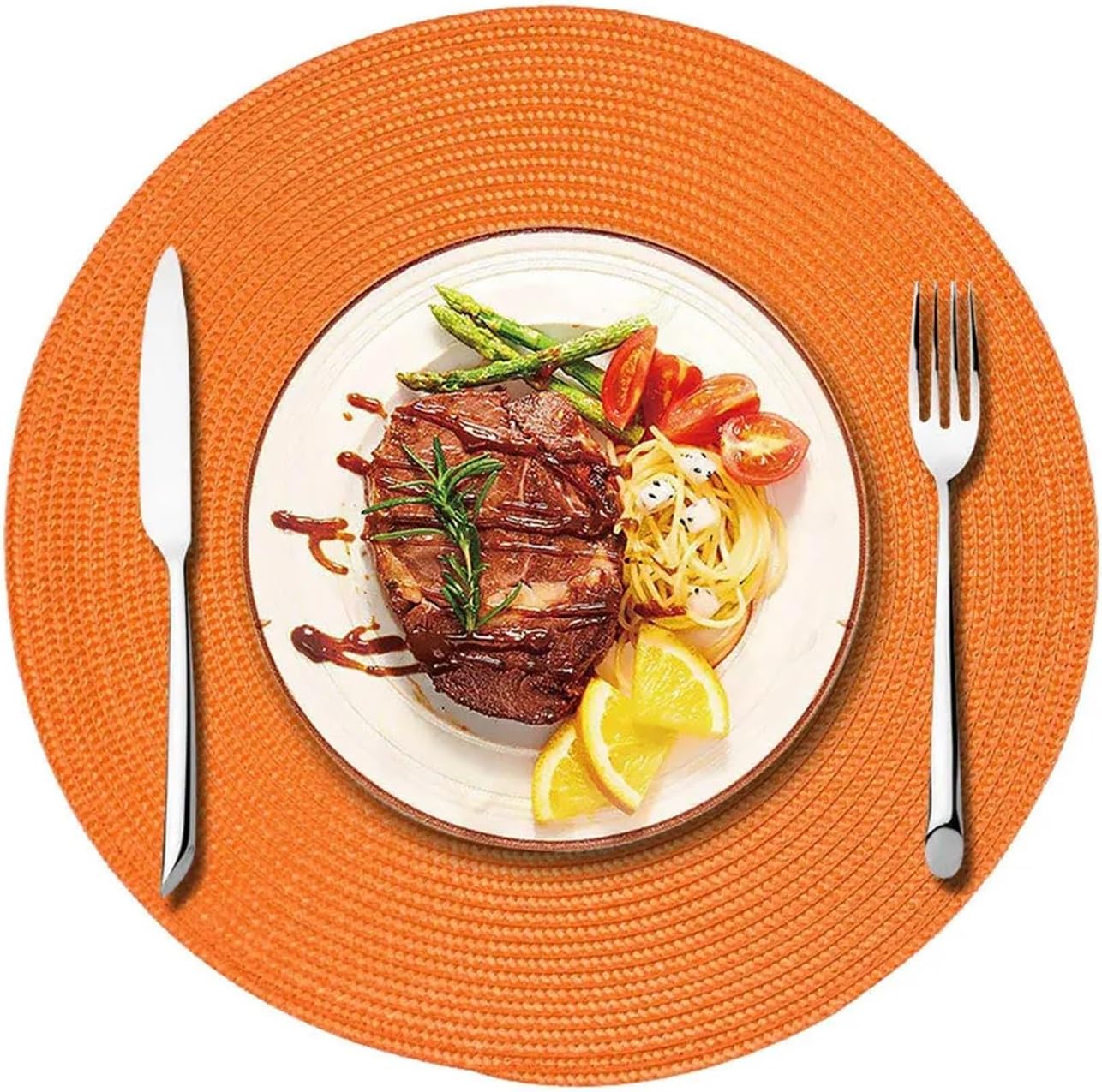 Green Placemats Round Braided Table Mat Woven Non-Slip Dining Table Bowl Pads Kitchen Drink Cup Coasters(PPR Orange,4pcs 38cm)