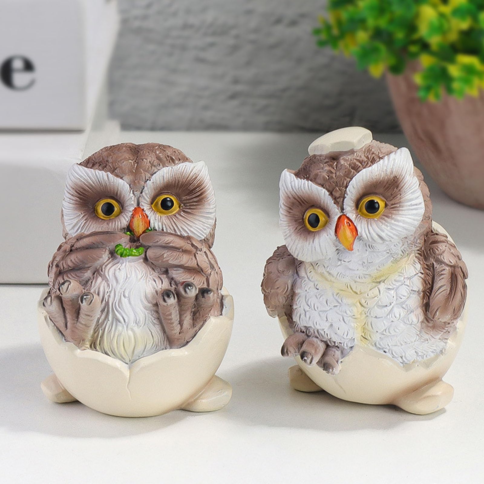 2 Piezas en estatuilla acostada, decoración de Escritorio de cáscara de Huevo, búhos de Resina Pintados a Mano en Miniatura, Lindo Adorno de búho de cáscara de Huevo, para Sala de Estar y Oficina