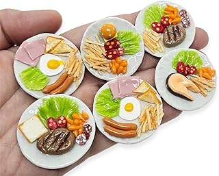 WitnyStore Tiny 1⅜" American Breakfast Hamburger Salmon and Steak 6 Pieces Set Realistic Mini Foods Hand Made Polymer Clay Food Meal Model Replica Dishes Decorative Collectible Figurine Décor Gifts