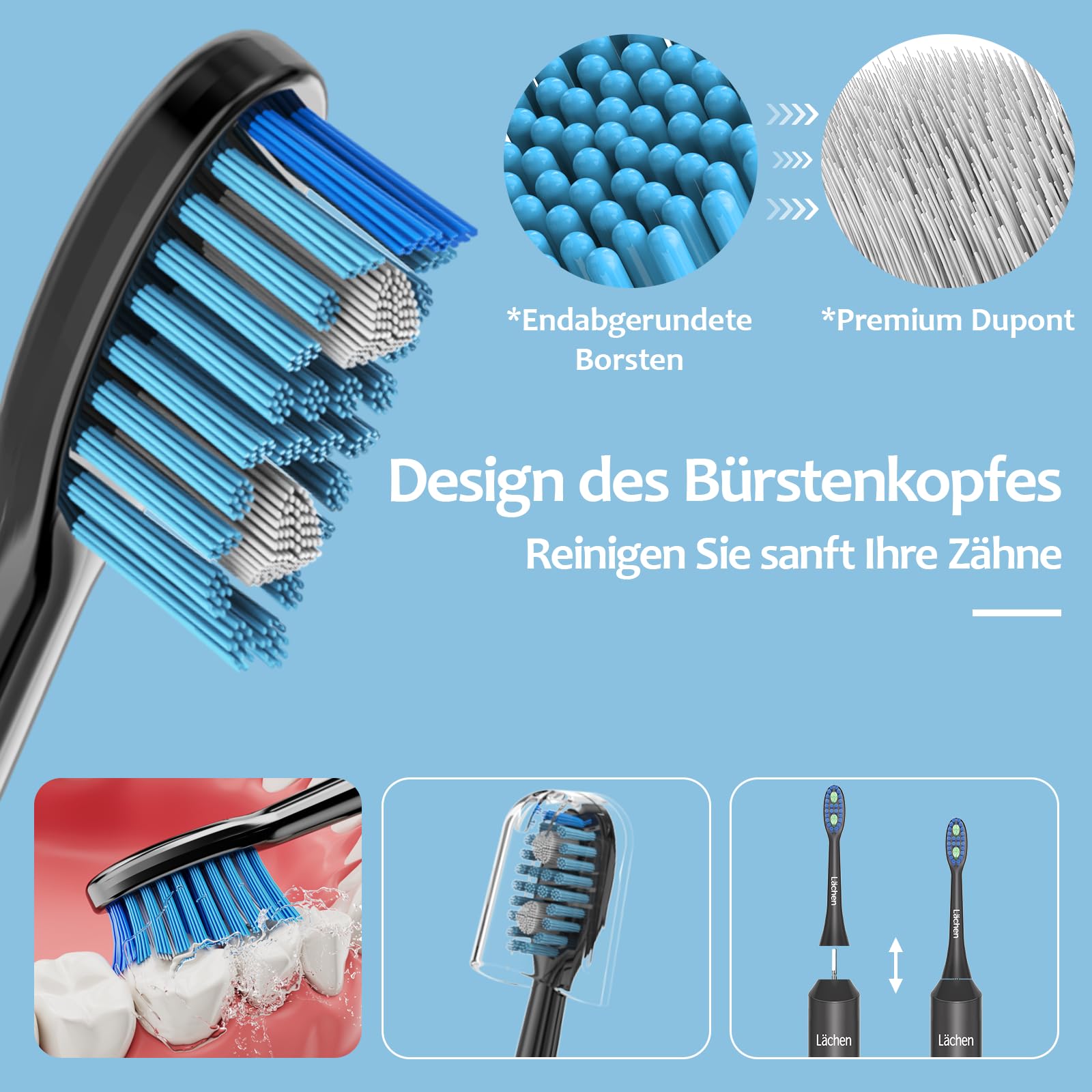 Lächen Cepillo Electrico Dientes Cepillo Dientes Sonico con,3 Modos de Cepillado,4 Recambio Cabezales,Temporizador de 2 minutos, Carga rápida de USB,por 60 Días, IPX7 Impermeable Negro