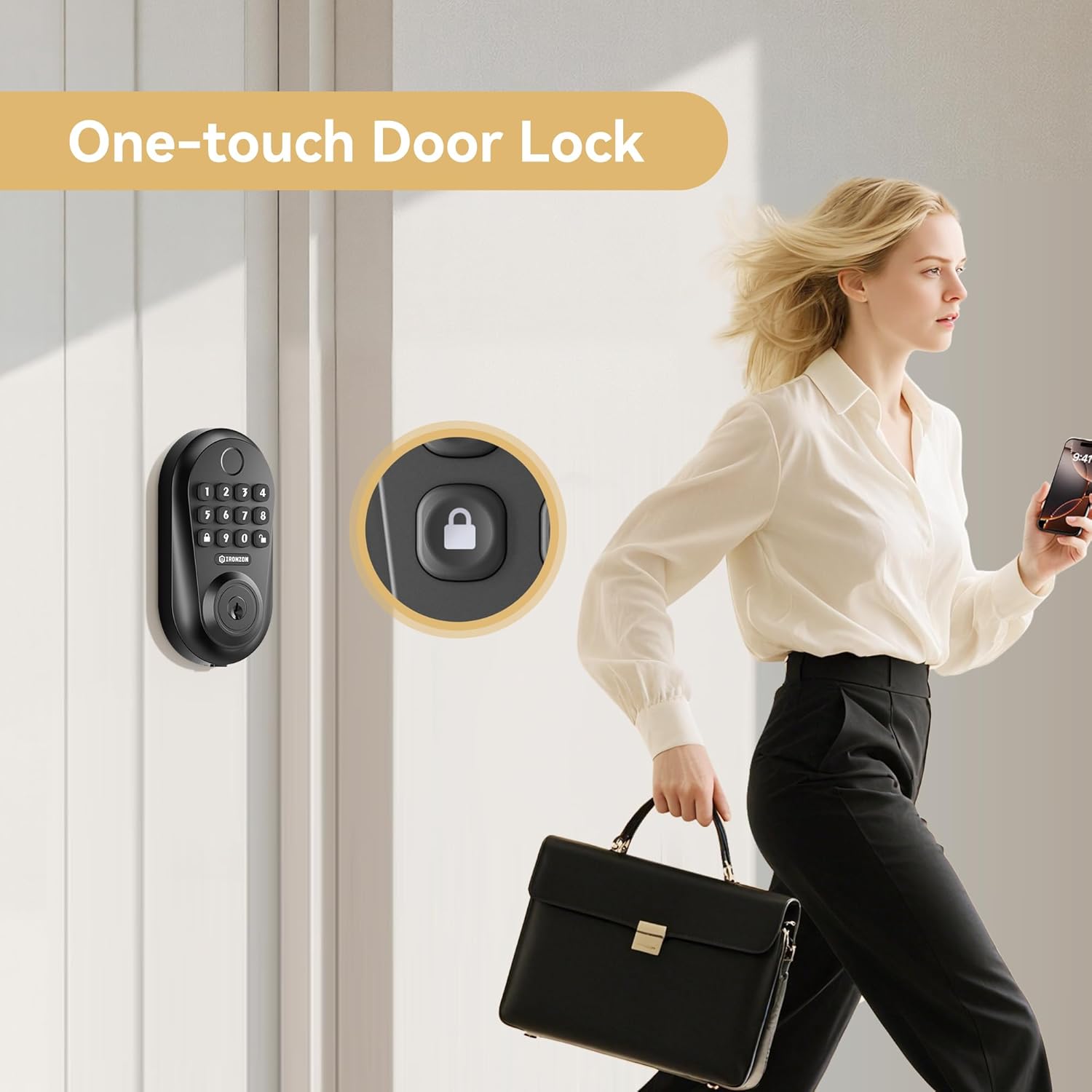 IRONZON Keyless Entry Door Lock - 350Y 5-in-1 Fingerprint Smart Locks for Front Door,Keyless Entry Door Lock with Keypad Deadbolt, Biometric Electronic Lock for Front Door - Black