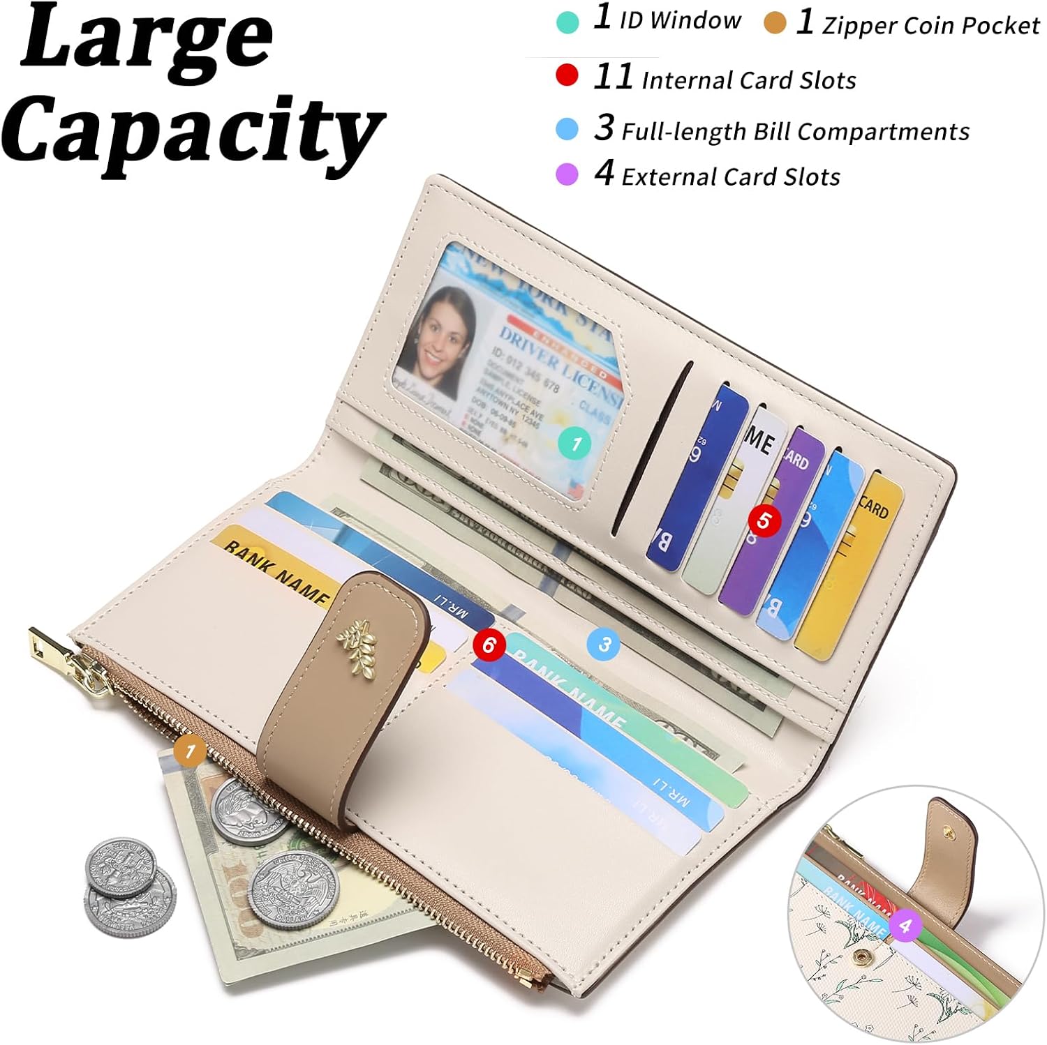 GAEKEAO Womens Wallet Slim Thin RFID Blocking Floral Vegan Leather Card Holder Bifold Long Ladies Wallet with Zipper Pocket - Image 2