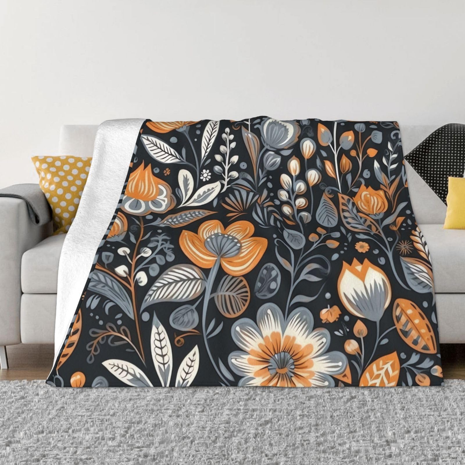 Rldobofe Black Throw Blanket Reversible Plush Blanket 60"X50" Orange And Gray Flowers Blankets Flannel Warm Cozy Throws For Sofa Farmhouse Decor Lightweight Throw For Couch Bed All Seasons
