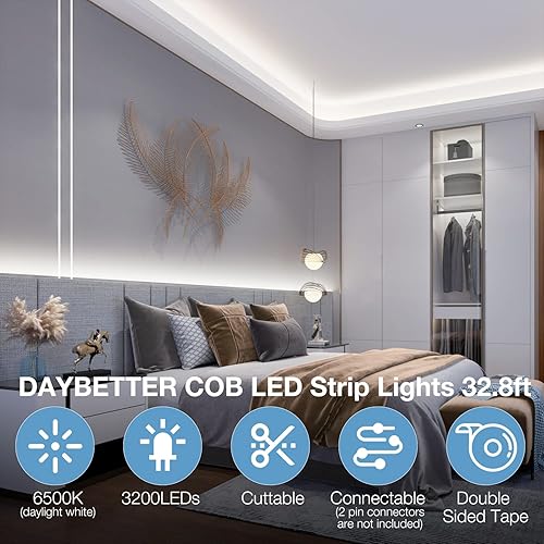 Miniatura 2 de DAYBETTER COB - Tira de luces LED, luces LED blancas, 6500 K luz diurna blanca brillante, tira LED regulable, cinta LED flexible de 24 V para