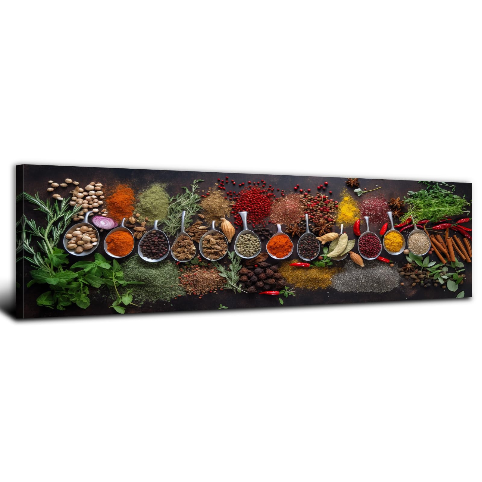 Large Kitchen Wall Art Decor Colorful Spices Picture Dining Room Decorations Seasoning Herb Spoon Canvas Art Prints Vintage Poster Food Wall Decor Modern Family Bar Painting Artwork Decoration 14x48”