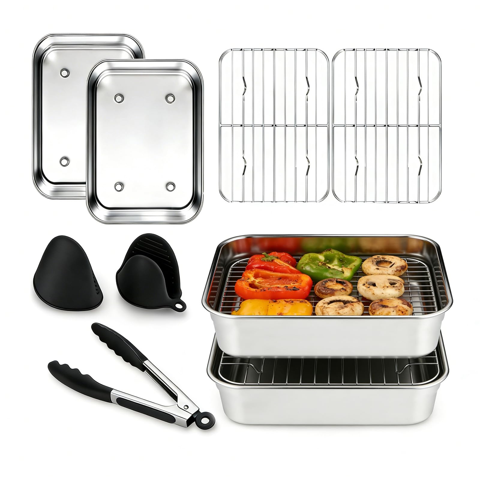 Fuente de Acero Inoxidable para Airfryer, Accesorios Freidora de Aire Cosori con 2 Cuencos + 2 Parrillas, Pinzas y Guantes Compatible con Ninja AF300EU/AF400EU/AF451EU/AF500EU