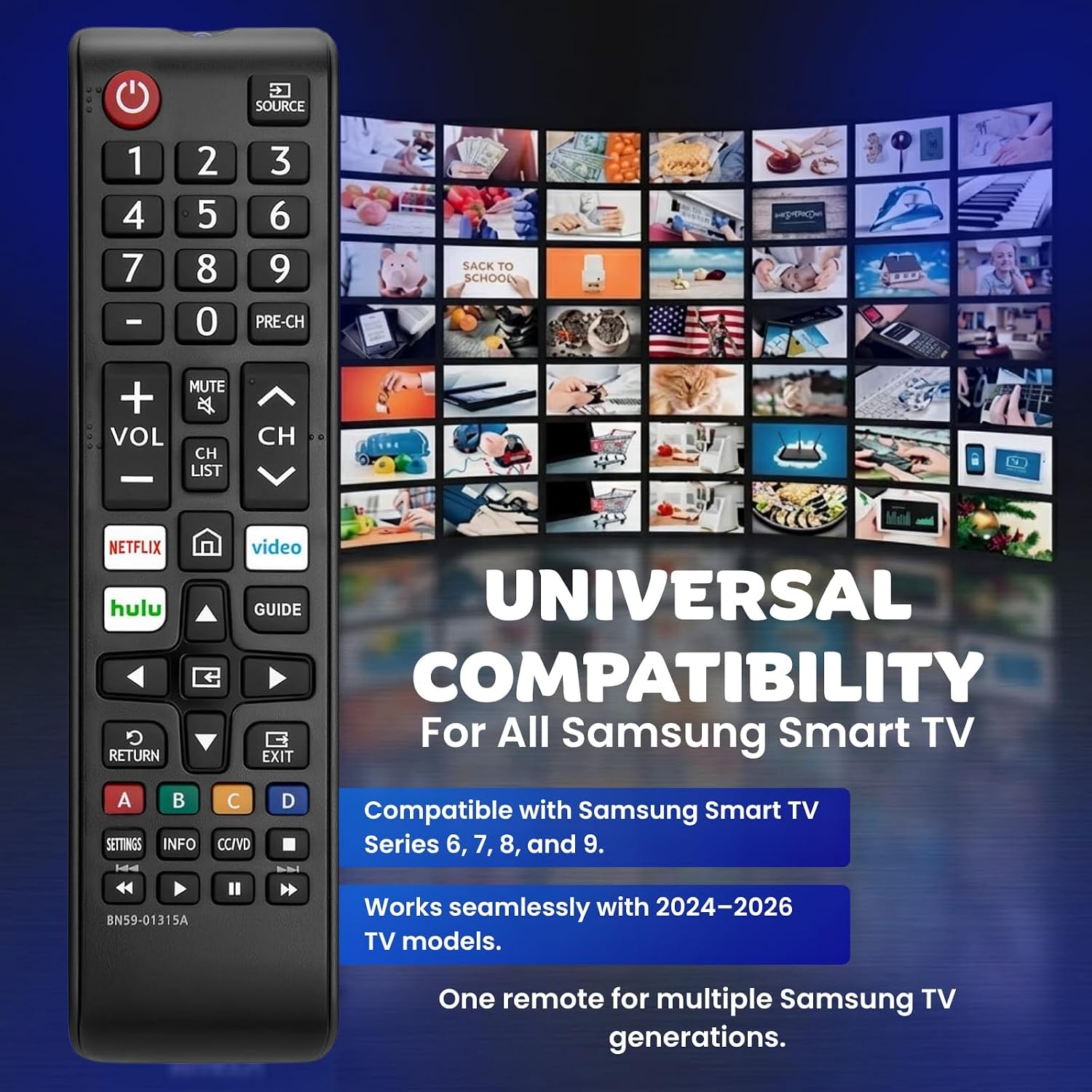 Universal Samsung TV Remote Control Replacement for All Samsung Smart TVs with Netflix Hulu Prime Video button - Durable Design Compatible with Samsung LED LCD UHD HDTV QLED 3D 4K 8K TVs No Setup Need
