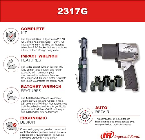 Miniatura 6 de Ingersoll Rand 2317G - Llave de impacto neumática de 1/2 pulgada y trinquete neumático de 3/8 pulgadas, incluye juego de llaves de vaso de 5 piezas,