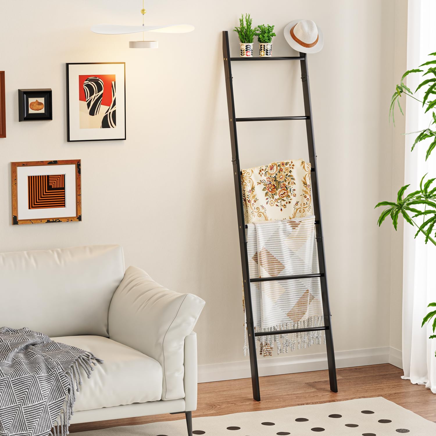 BAMBANG 6-Tier Blanket Ladder for Living Room, Blanket Quilt Ladder Rack Rustic Decorative Towel Holder, Wall Leaning Blanket Ladder Shelf Storage Farmhouse Decor for Bedroom Bathroom, Black