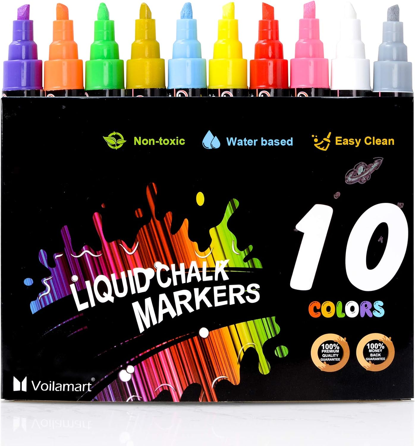 Voilamart Liquid Chalk Markers，Pack of 10, Dry Erase Marker Pens with Reversible Tip，Chalk Markers for Chalkboards Signs, Windows, Blackboard Glass(10 Colors, with Gold & Silver)