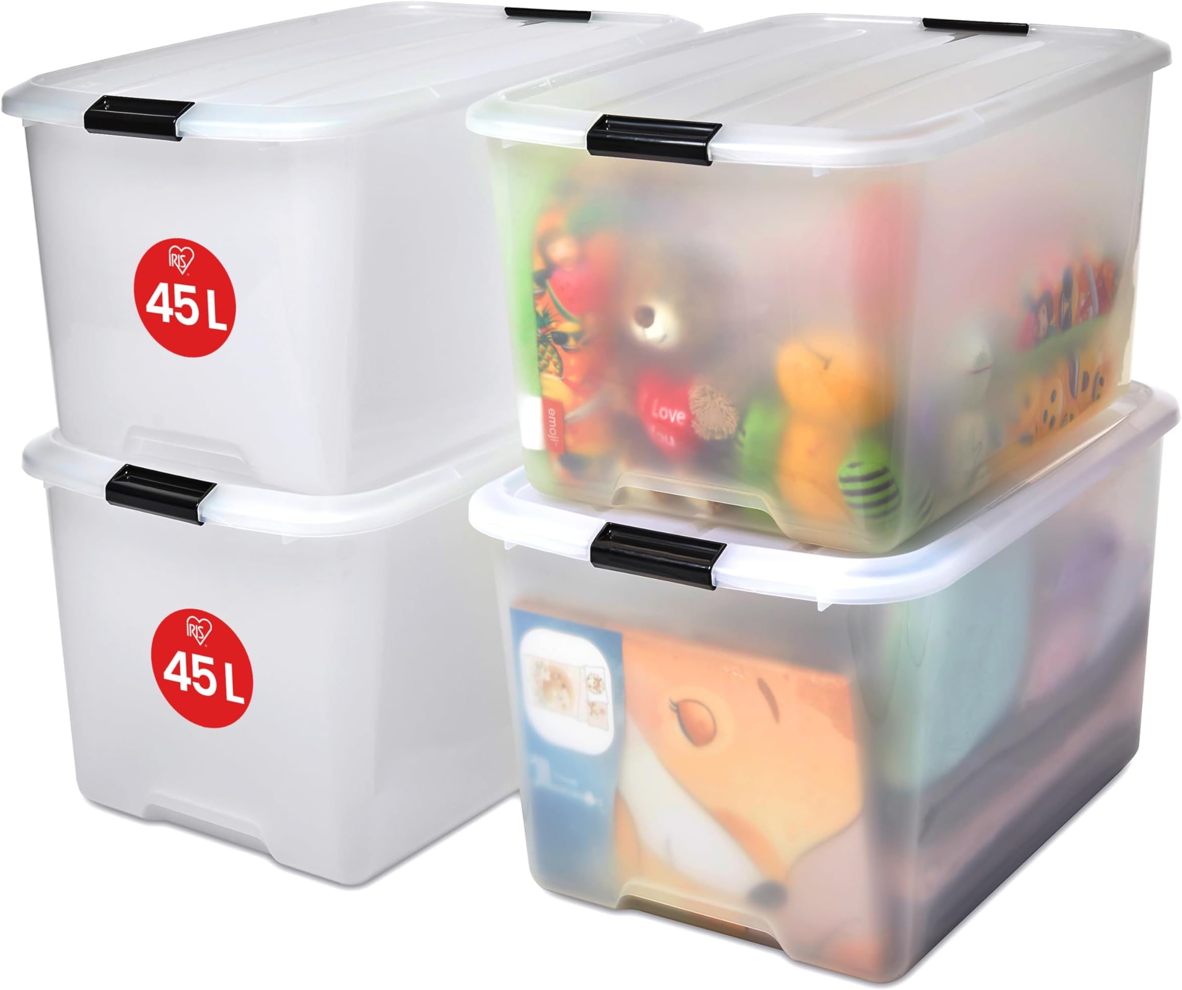 Iris OhyamaPlastic Storage Boxes with Lids, 45L, Set of 4, Clear, Latching Buckles with Handles, Stackable, Nesting, Strong & Durable, For Closet, Garage, Home, Office, Organising Tote Bins, TB-45
