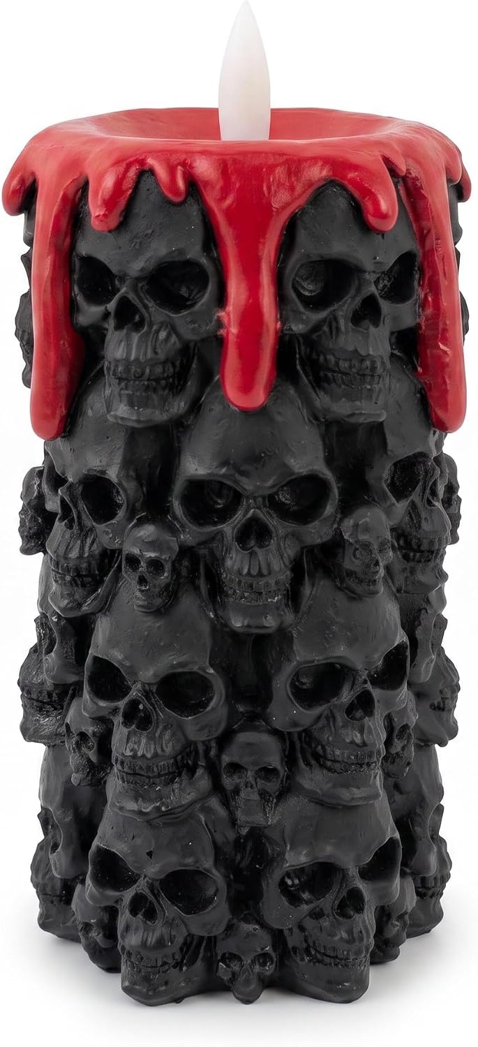 Halloween Flameless Candle White Resin Skull Led Pillar Candle