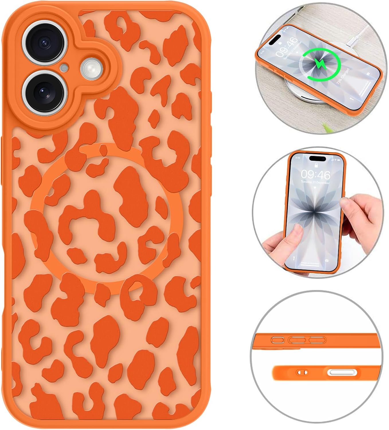 MZELQ Magnetic Case for iPhone 17 6.3 Inch, Clear Leopard Cheetah [Compatible with Magsafe Charging] Translucent Matte Hard Shockproof Camera Protection Cover for Women Men, Frosted Orange