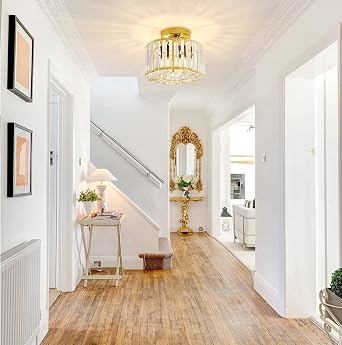 FRIDEKO HOME Gold Ceiling Light Fixture - Easric Industrial Crystal Semi Flush Mount Ceiling Lighting Modern LED Crystal Chandeliers Fitting for Hallway Living Room Dining Room Kitchen [Energy Class A]