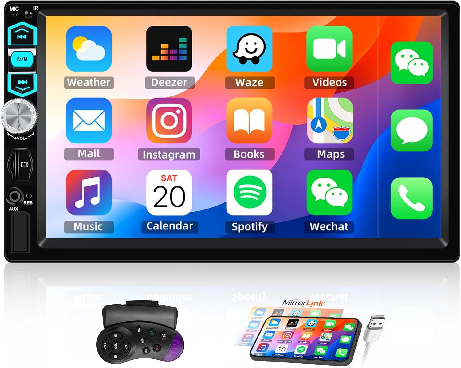 7 inch Touch Screen Double Din Car Stereo with Wired Mirror Link Bluetooth FM EQ Steering Wheel Control 7 Color Light