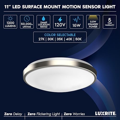 Miniatura 7 de LUXRITE Lámpara de techo LED con sensor de movimiento, 11 pulgadas, 5CCT seleccionable 2700K 3000K 3500K 4000K 5000K, tiempo de espera de 60s, 16W,