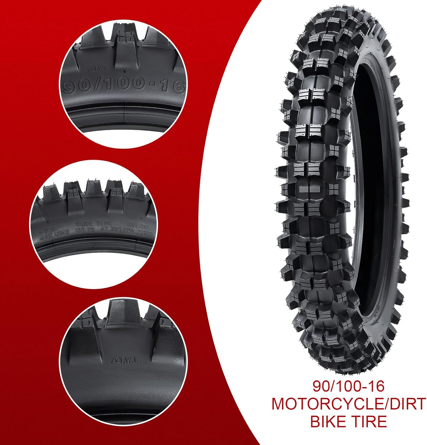 90/100-16 4PR TT 51M Dirt Bike Front/Rear Tire and Heavy Duty Inner Tube Compatible with 90/100-16 Off Road Pit Bike/Motorcycle Tire(P-120)