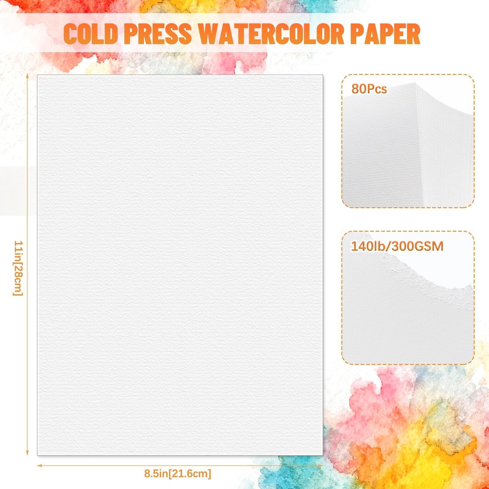 Lot de 80 feuilles de papier aquarelle en coton naturel 300 g/m², 21,6 x 27,9 cm, presse à froid, papier d'artiste pour étudiants, artistes, peinture, dessin