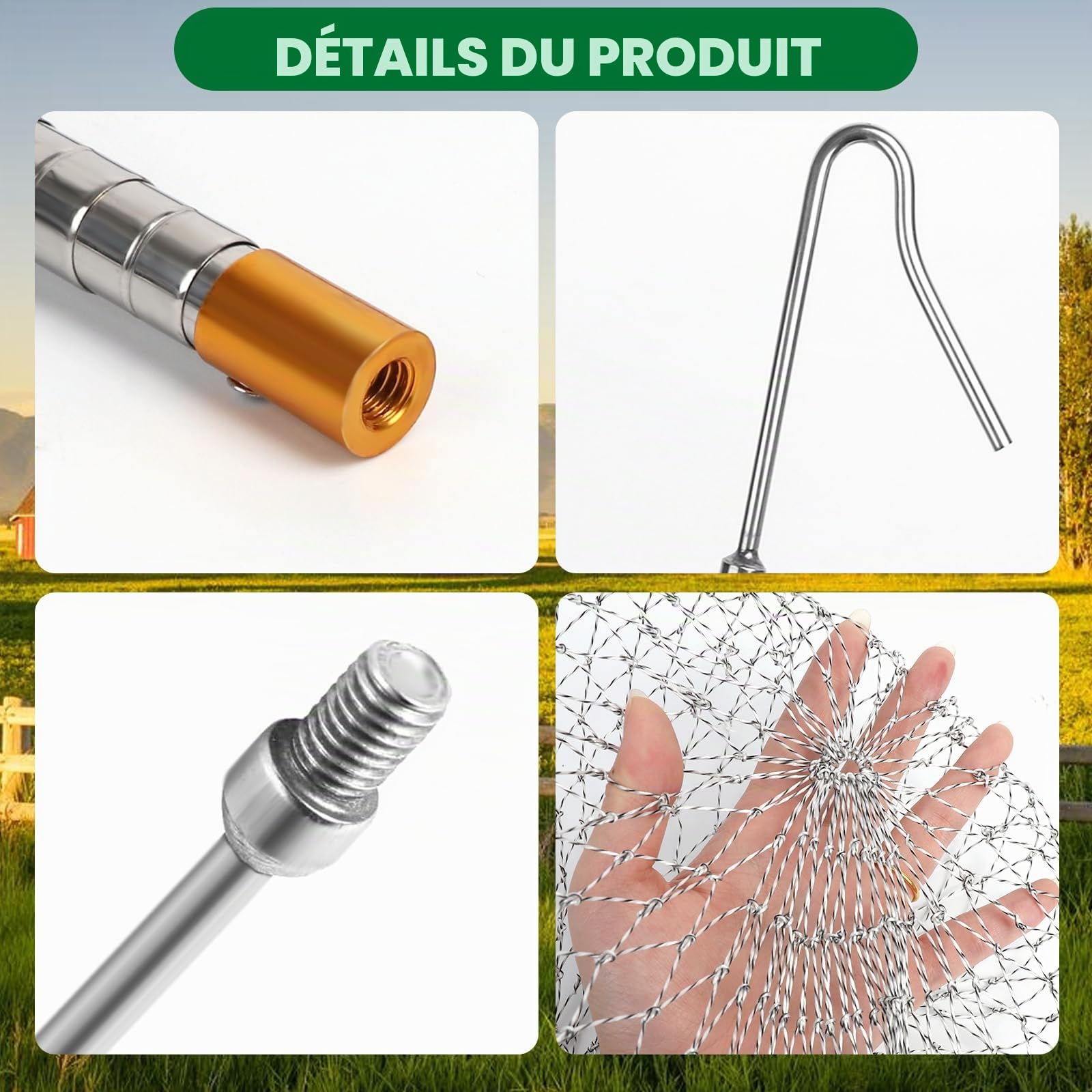 Kit de filet de pêche évolutif pour volaille, crochets et filet de pêche rétractables pour volailles(145cm de longueur extensible), pour Dinde, Oie, Canard, Oiseaux, Petits Animaux et Poissons