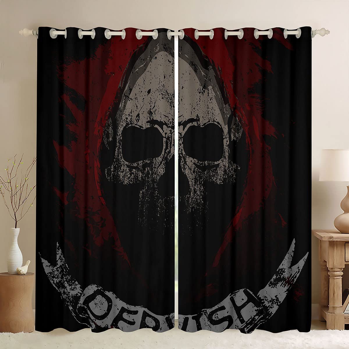 richhome Skull Gothic Window Curtains,Skeleton Pattern Curtain,Devil Window Drapes for Kid Teens Boys Young Man,Modern Bedroom Decorative, Curtain,66Wx90L