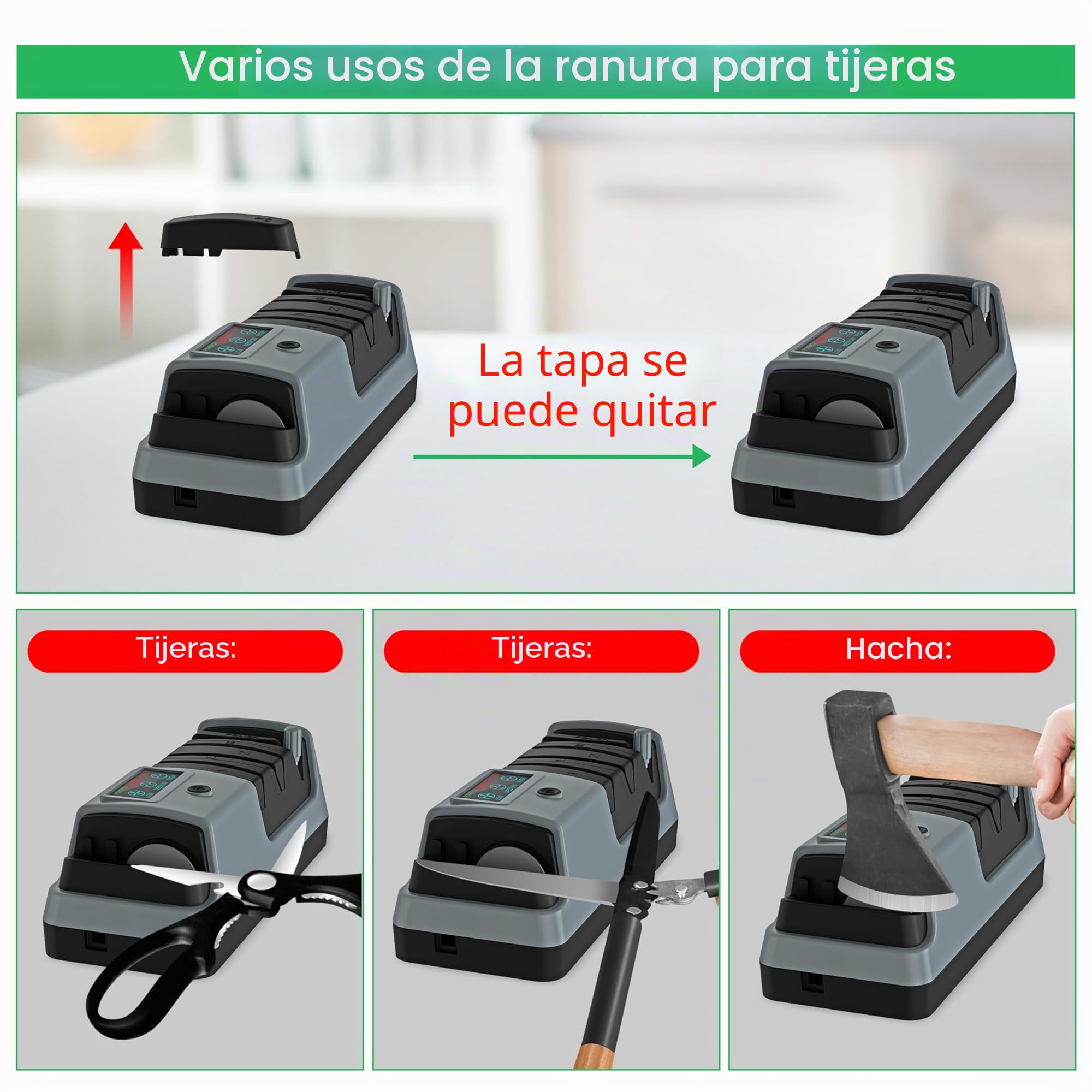 YORLEAY Afilador de cuchillos eléctrico 5 en 1, 3 velocidades de rotación, ajustable para hojas rectas, dentadas y de picar, también para tijeras