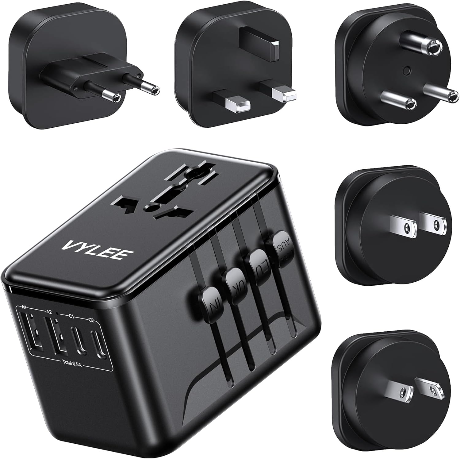 VYLEE Universal Travel Adapter, 2 USB-C & 2 USB-A Worldwide Plug Adapter with 1 Universal AC Outlet, Type A D I G C International Plug Adapter for US, India, Europe, UK, Maldives, Sri Lanka(Black)