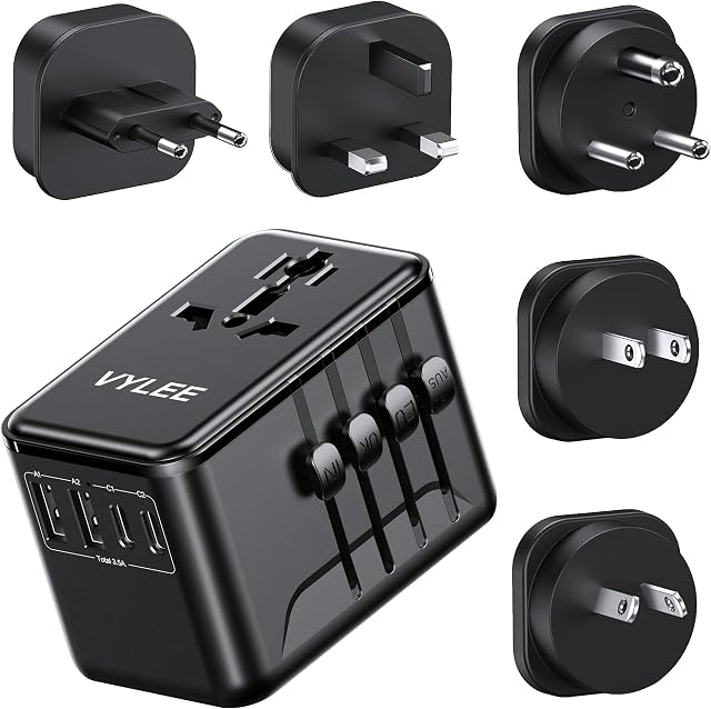 VYLEE Universal Travel Adapter, Type D/G/C/I/A International Adaptor with 2 USB C 2 USB A, Worldwide Charger for Europe UK Maldives Sri Lanka India Nepal Ghana Zimbabwe Tanzania Nigeria (Black)