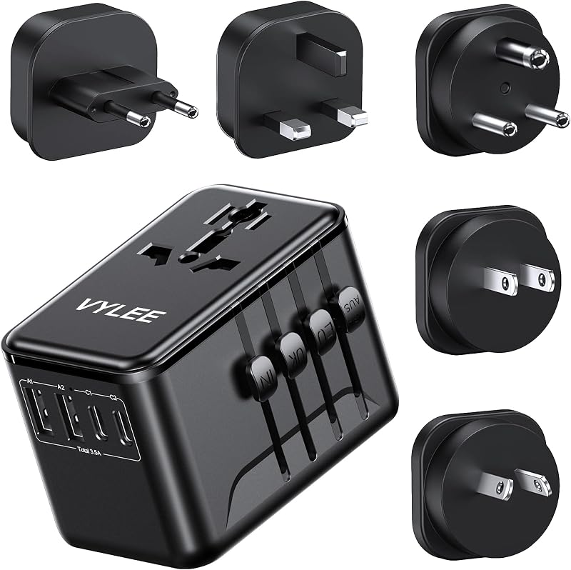 VYLEE Universal Travel Adapter, Type D/G/C/I/A International Plug Adaptor | 2 USB C 2 USB A, Worldwide Charger for Europe UK Maldives Sri Lanka India Nepal Ghana Zimbabwe Tanzania Nigeria (Black)