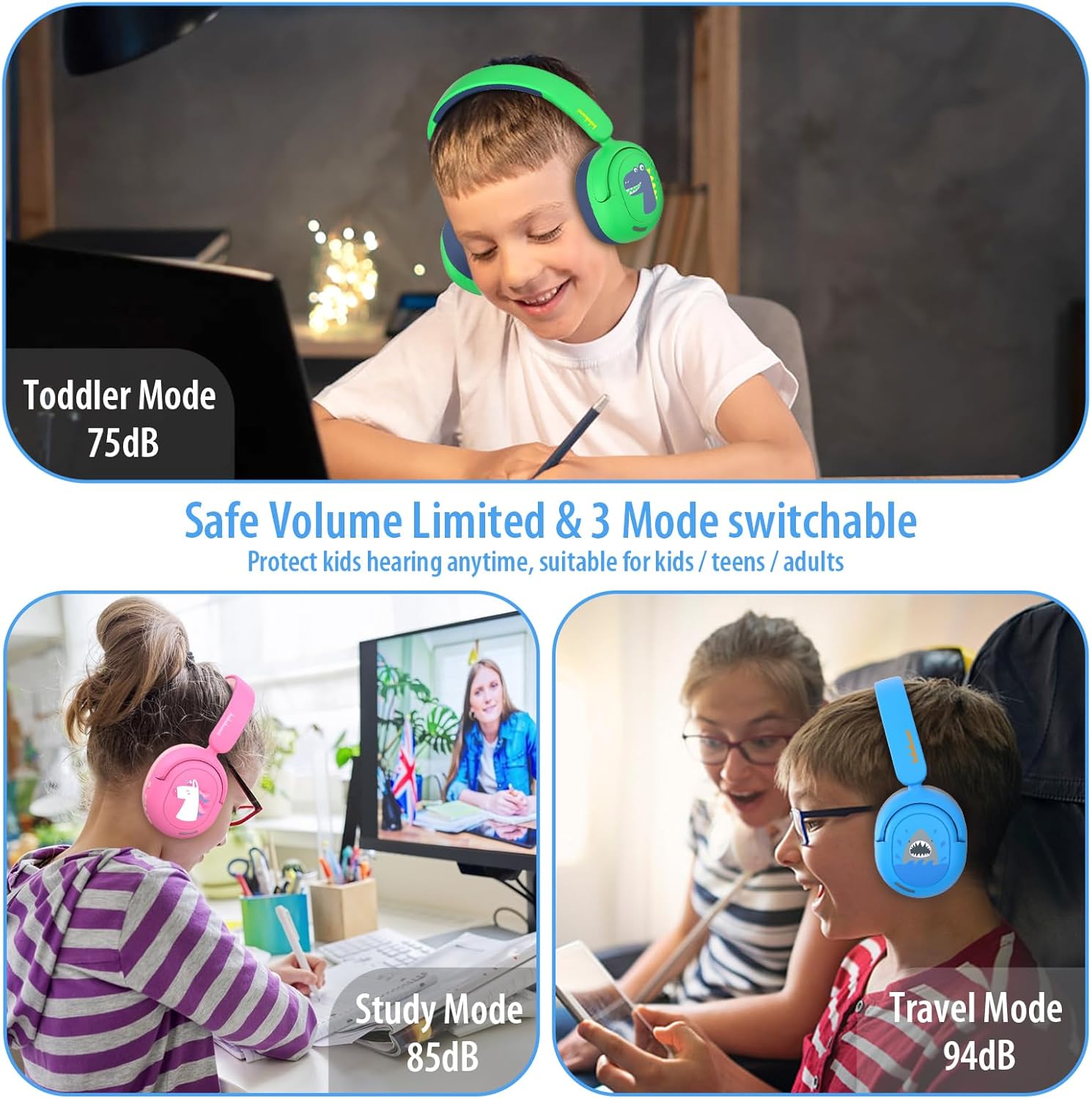 Kids Bluetooth Headphones, Wireless Headphones for Kids, 75/85/94dB Volume Limited, Built-in Mic, Fast Charging, Over-Ear Shark Childrens Boys Teens Headset for School/Tablet/Pad/Travel - Image 4