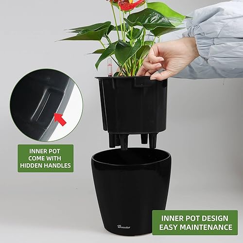 Miniatura 4 de Dexceder Maceta de riego automático de alto brillo de 9 x 8 pulgadas para interiores y exteriores, diseño de maceta interior, maceta de mesa gruesa