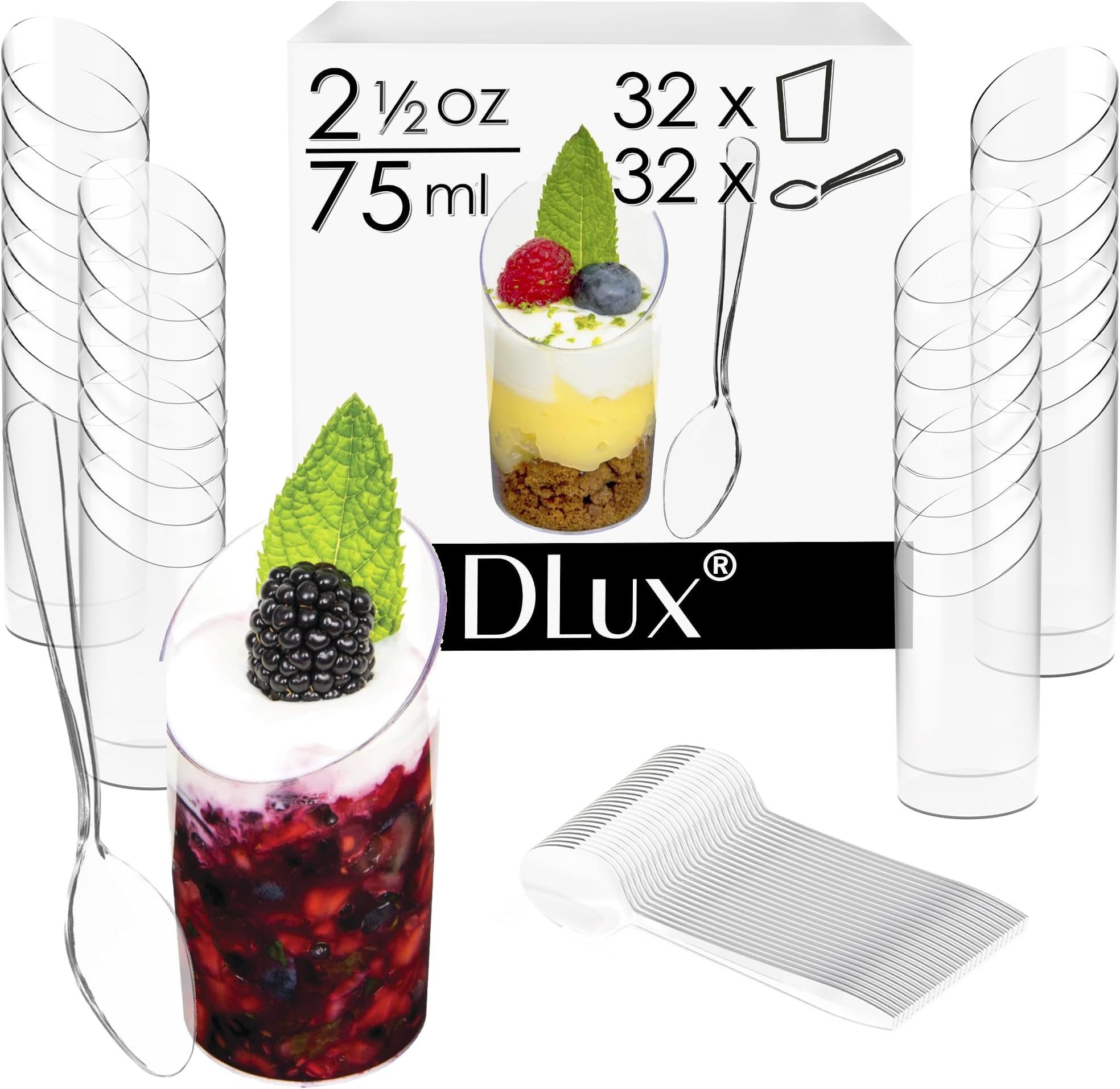 DLuxDessert Cups with Spoons, 75 ml 32 Pcs - Clear Plastic Parfait Appetizer Cups, Slanted Round Reusable Shot Glass Bowl for Party Desserts Appetizers - with Recipe Ebook