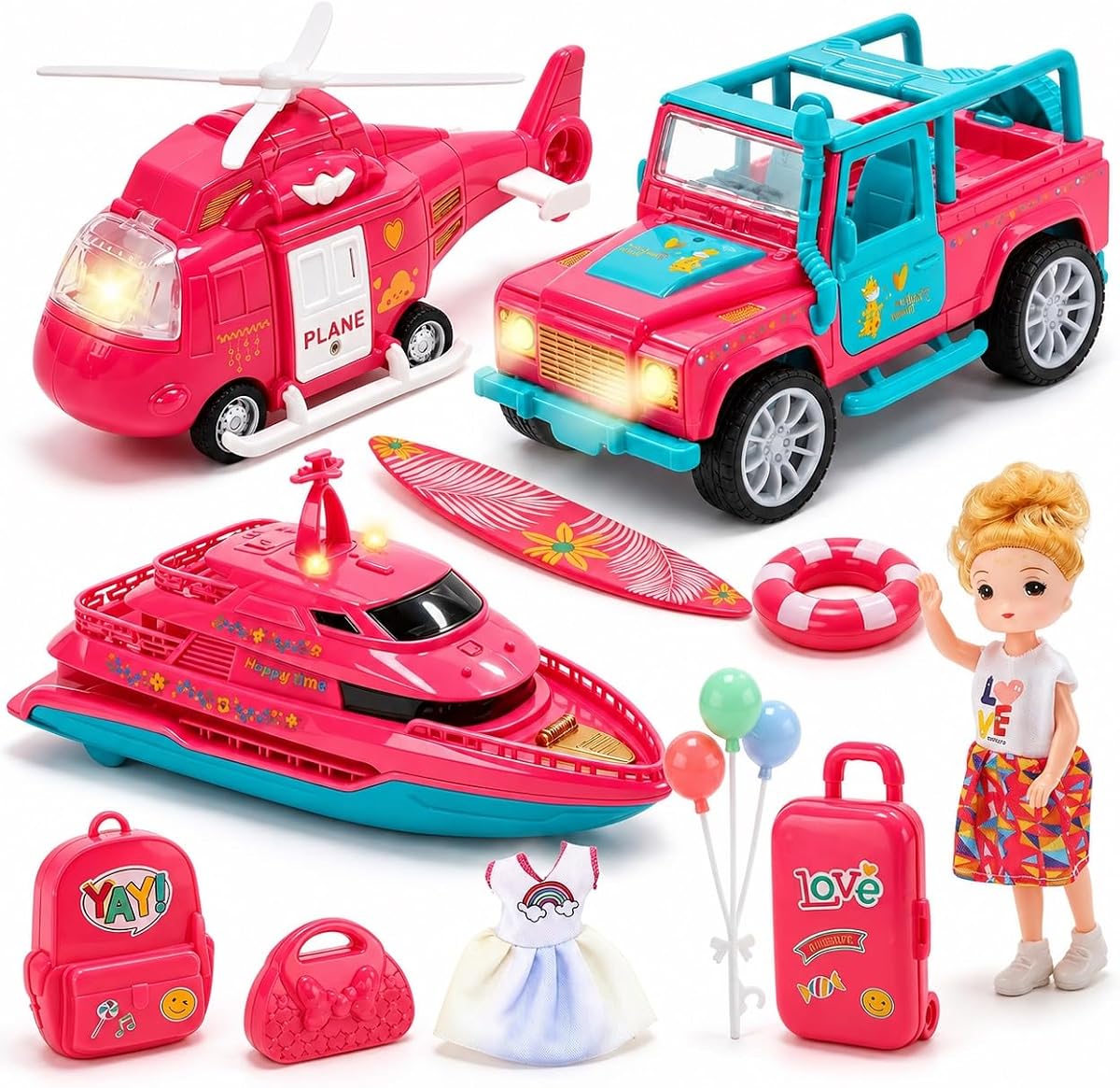 CUTE STONE Kids Vehicle Toy Playset with Lights & Sounds, Vacation Travel Friction Powered Car Toy for Girls with Off-Road Vehicle, Yacht & Helicopter, Doll & Travel Accessories, Pretend Play Toy Gift
