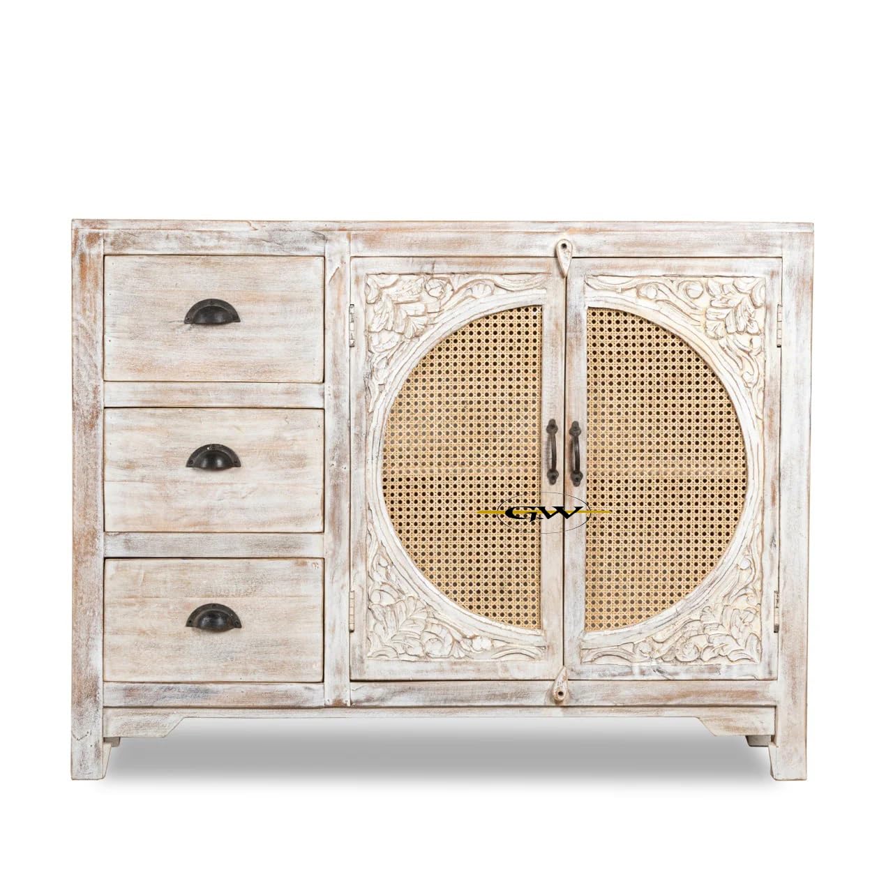 GLOBAL WOOD Solid Mango Wood 2 Door Crockery Cabinet | Sideboard Cabinet | Carved Sideboard | Finish- White Distressed & Natural Wood Colour 30x15x30 Inches (S2)-image-9